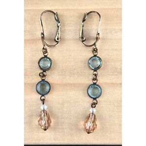 Vintage Liz Palacios Gold Tone Blue & Peach Swarovski Dangle Earrings Lever-back